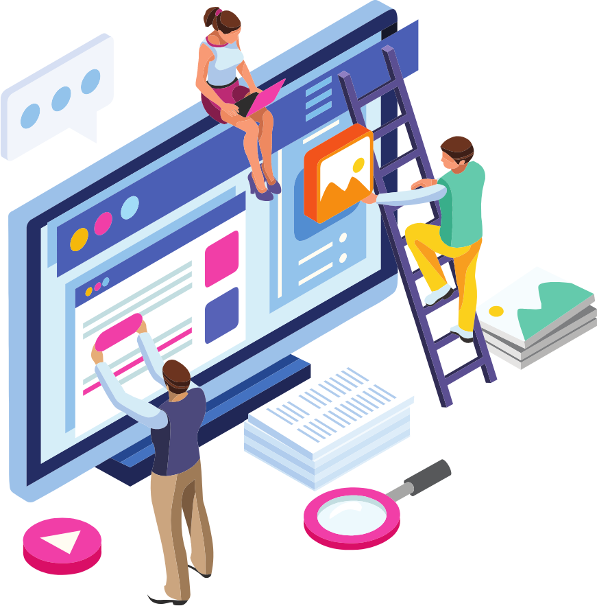 Vector art of 3 people physically constructing a website on a giant computer screen.